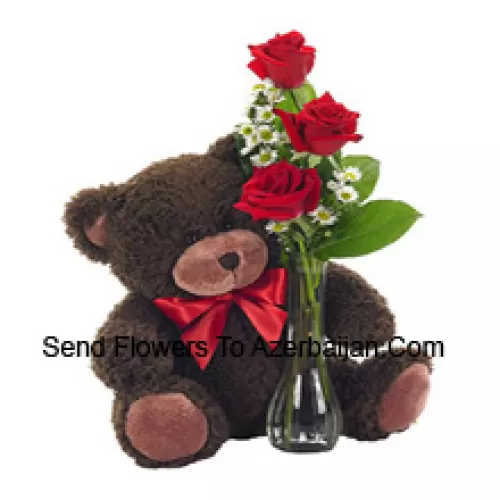 3 Roses rouges avec quelques fougères dans un vase en verre accompagnées d'un mignon ours en peluche de 14 pouces de hauteur