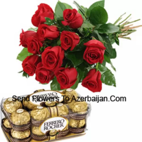 Ramo de 11 rosas rojas con rellenos de temporada acompañado de una caja de 16 piezas de Ferrero Rocher
