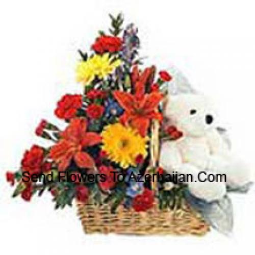 Basket of Assorted Flowers with Teddy Bear