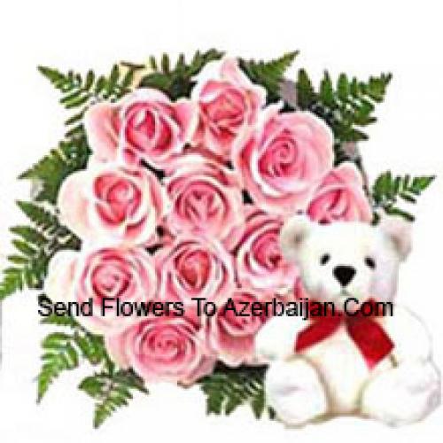 11 Pink Roses with Adorable Teddy