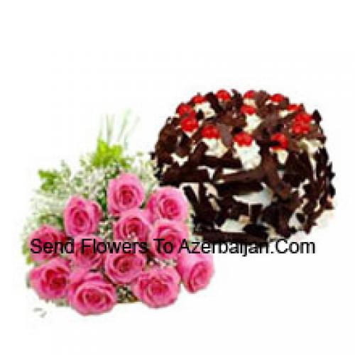 11 Pink Roses with Tasty Chocolate Crisp Cake