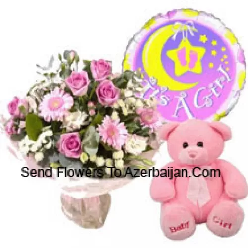 Bunch Of Assorted Pink Fowers, A Pink Teddy Bear And A Baby Girl Balloon