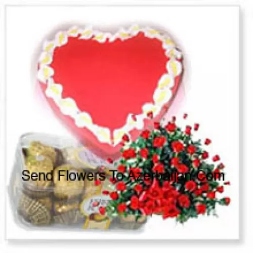 Basket Of 101 Red Roses With 16 Pcs Ferrero Rocher and a 1 Kg (2.2 Lbs) Strawberry Cake