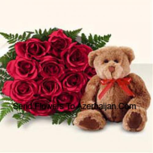 11 Roses rouges avec mignon Teddy brun