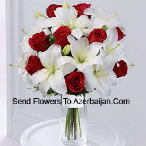 Roses and Lilies Greenish Arrangement