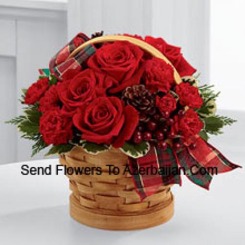 Wooden Basket of Roses and Carnations with Assorted Flowers