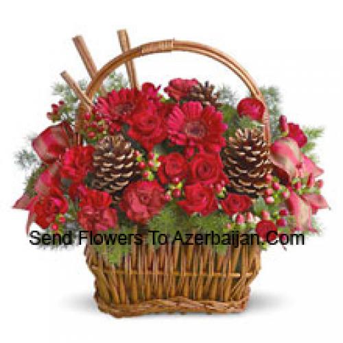 Beautiful Basket of Red Flowers with Pinecones